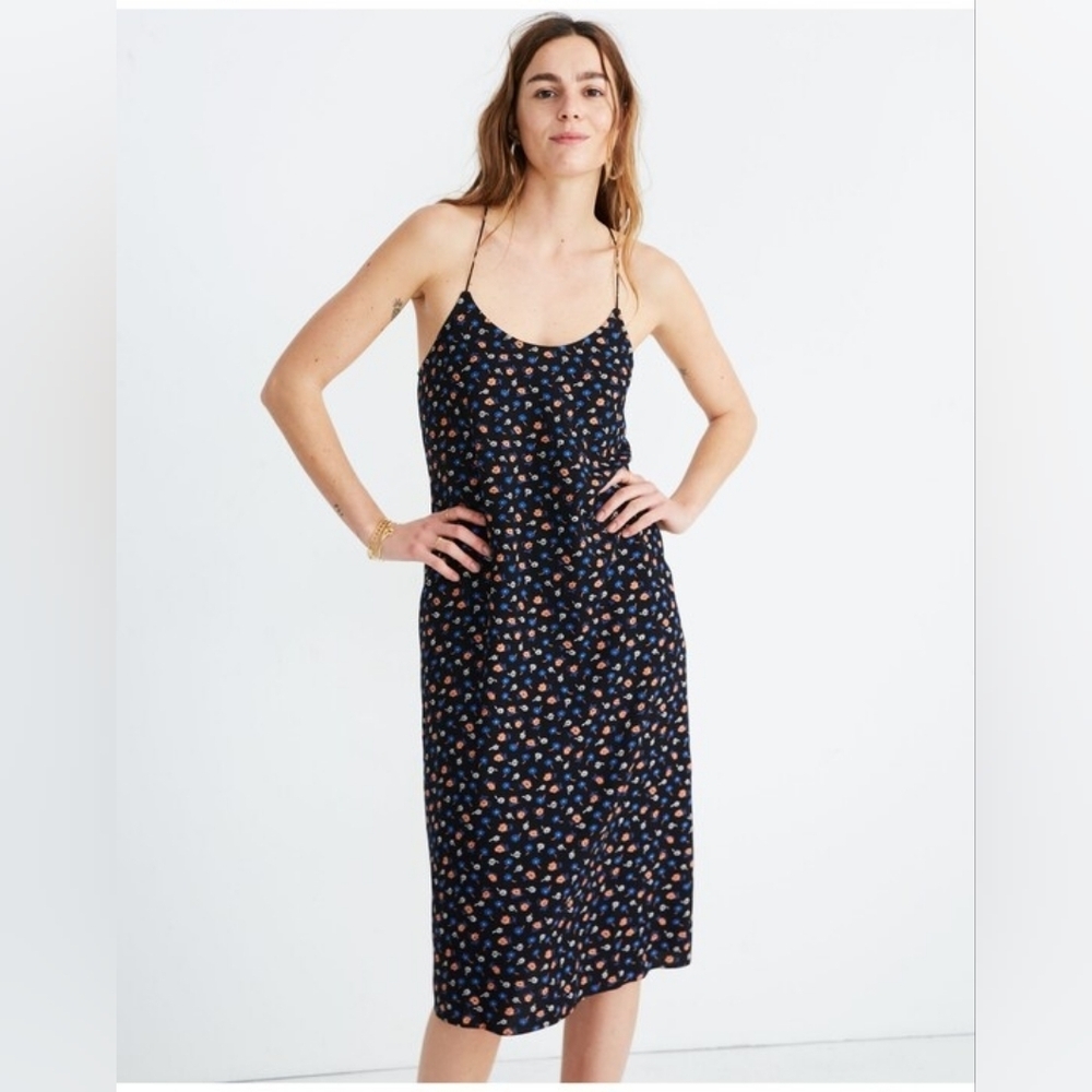 Madewell Black Midi Slip Dress with Tiny Floral Print